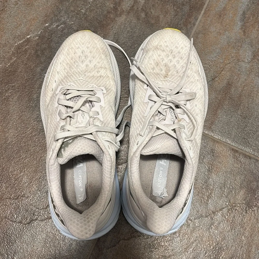 Hoka Women’s Athletic Running Shoes in Light Beige with Yellow Accents